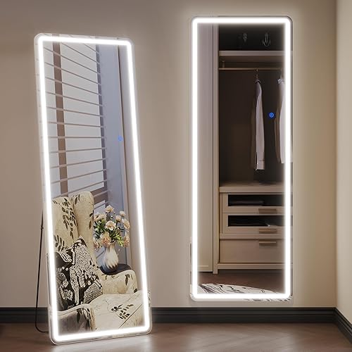 Full Length Mirror with LED Lights, 160x50 Full Body Mirror with 3 Color Lighting, Lighted Floor Standing Mirror, Light Up Wall Mirror, Stand Up Mirror, Long Mirror for Bedroom, Hallway (White) - Led White - 63L x 20W inches