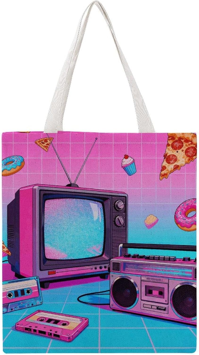 Retro Gadgets Collage Canvas Tote Bag Reusable Grocery Shopping Bag with Handles Casual Carry on Tote Quilted Utility Handbag for Travel Beach Camping Work Gym Picnic Diaper