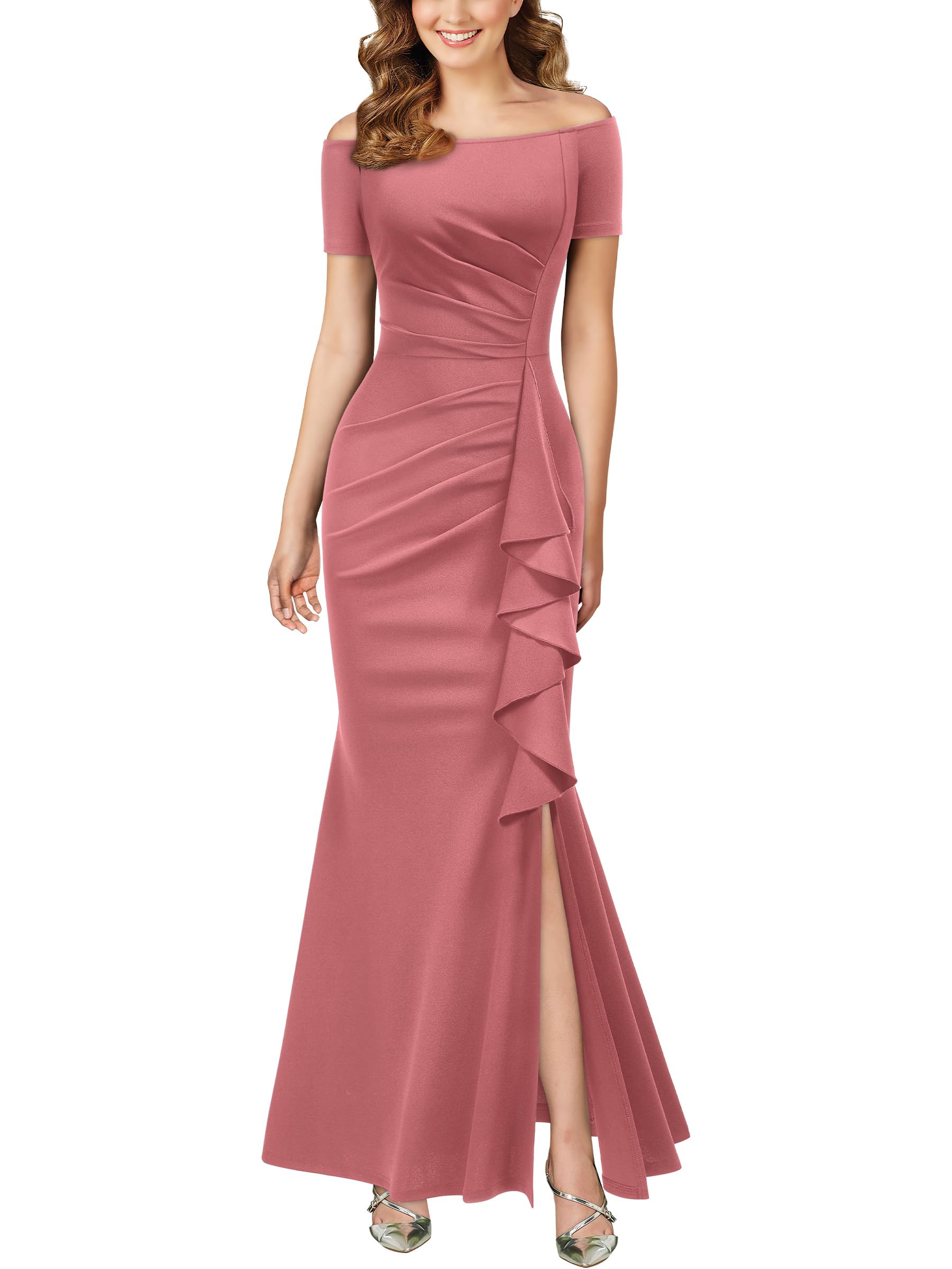 AISIZE Women's Elegant Off Shoulder Ruffle Formal Evening Long Dress