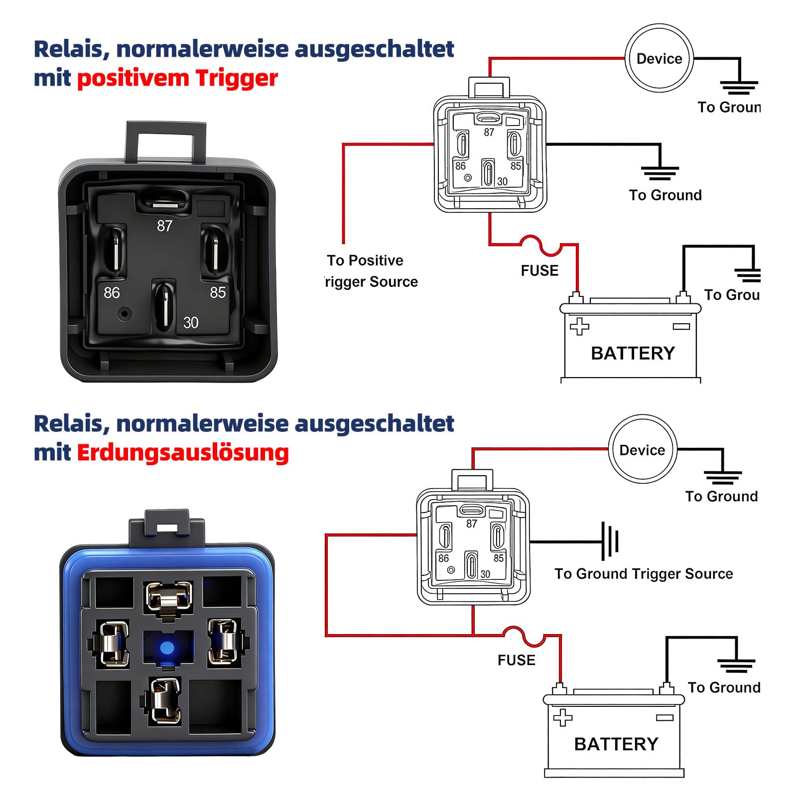 5 Stück 4-polige Relais 12V 40/30A | Kfz-Relais IP65 | Relay Mit Kabelbaum | 12AWG Hochbelastbare Verzinnte Kupferdrähte | SPST-Kfz-Relais-Set für Hupen Anlasser Kühlerlüfter