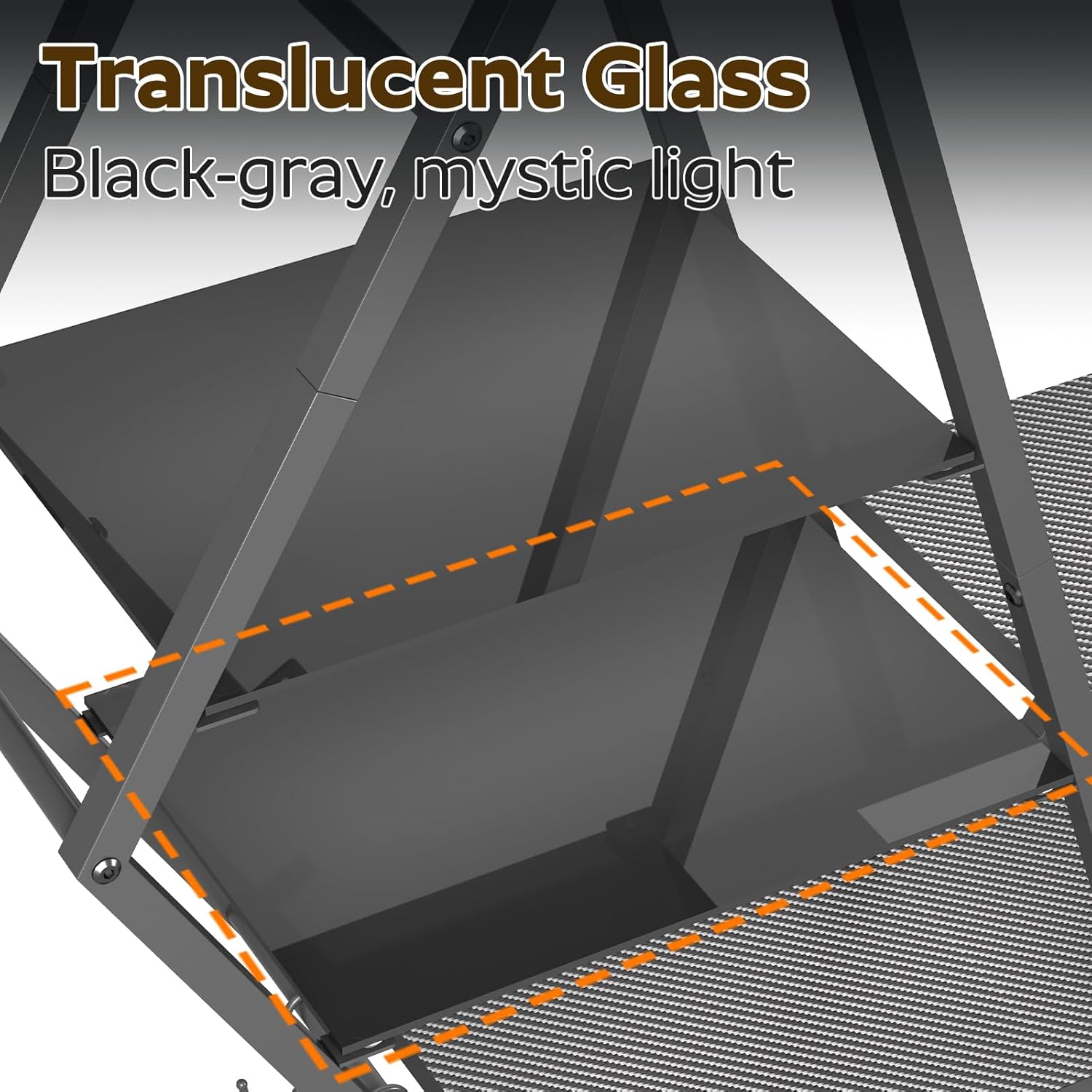 Primer pla view of the translucent glass panel on the MAHANCRIS floating shelf, highlighting its black-gray mystic light effect.