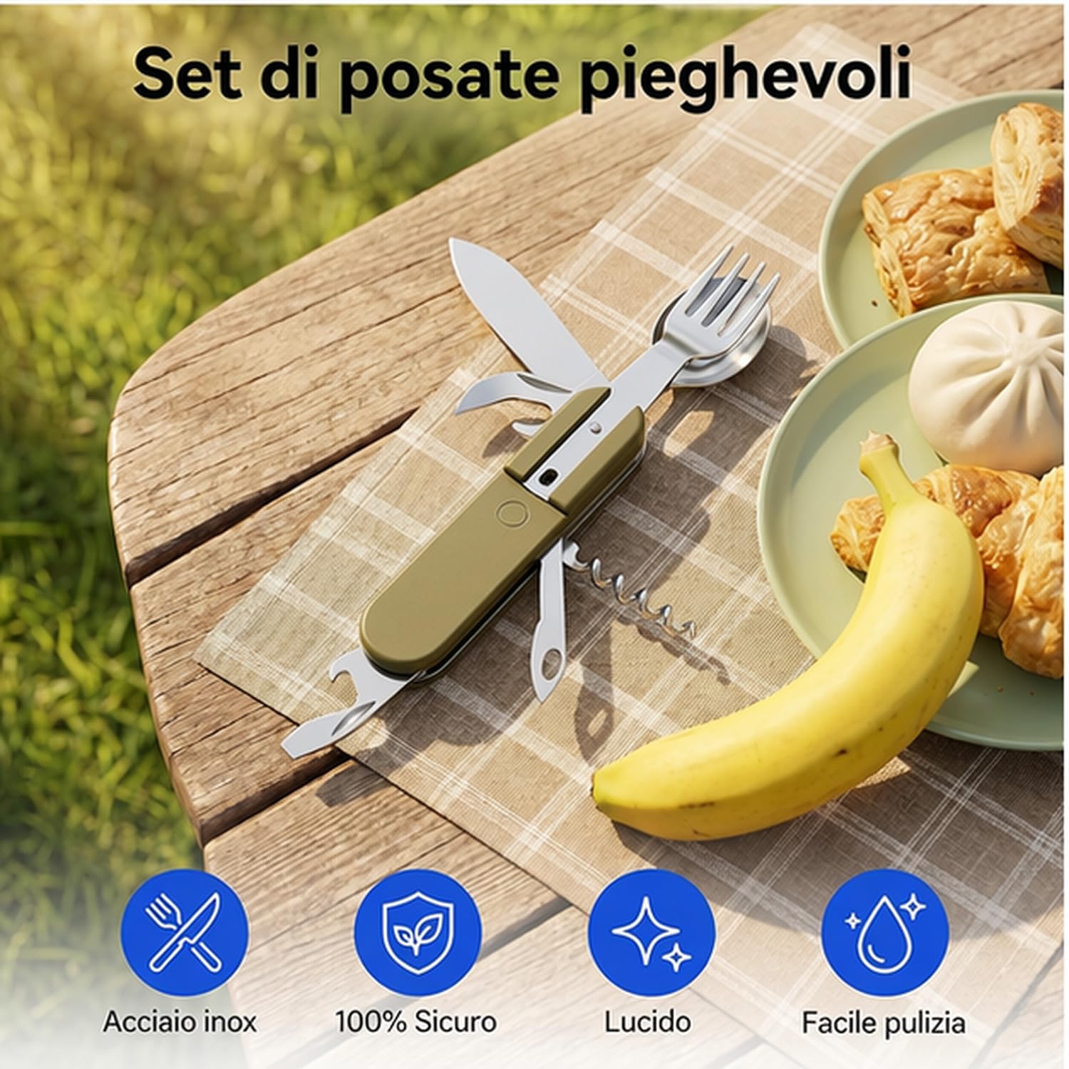 2 Pack Posate da Campeggio,7 in 1 Posate Staccabili per Campeggio with Nylon Pouch,Folding Camping Cutlery Set for Travel, Hiking, Picnic.(Verde)