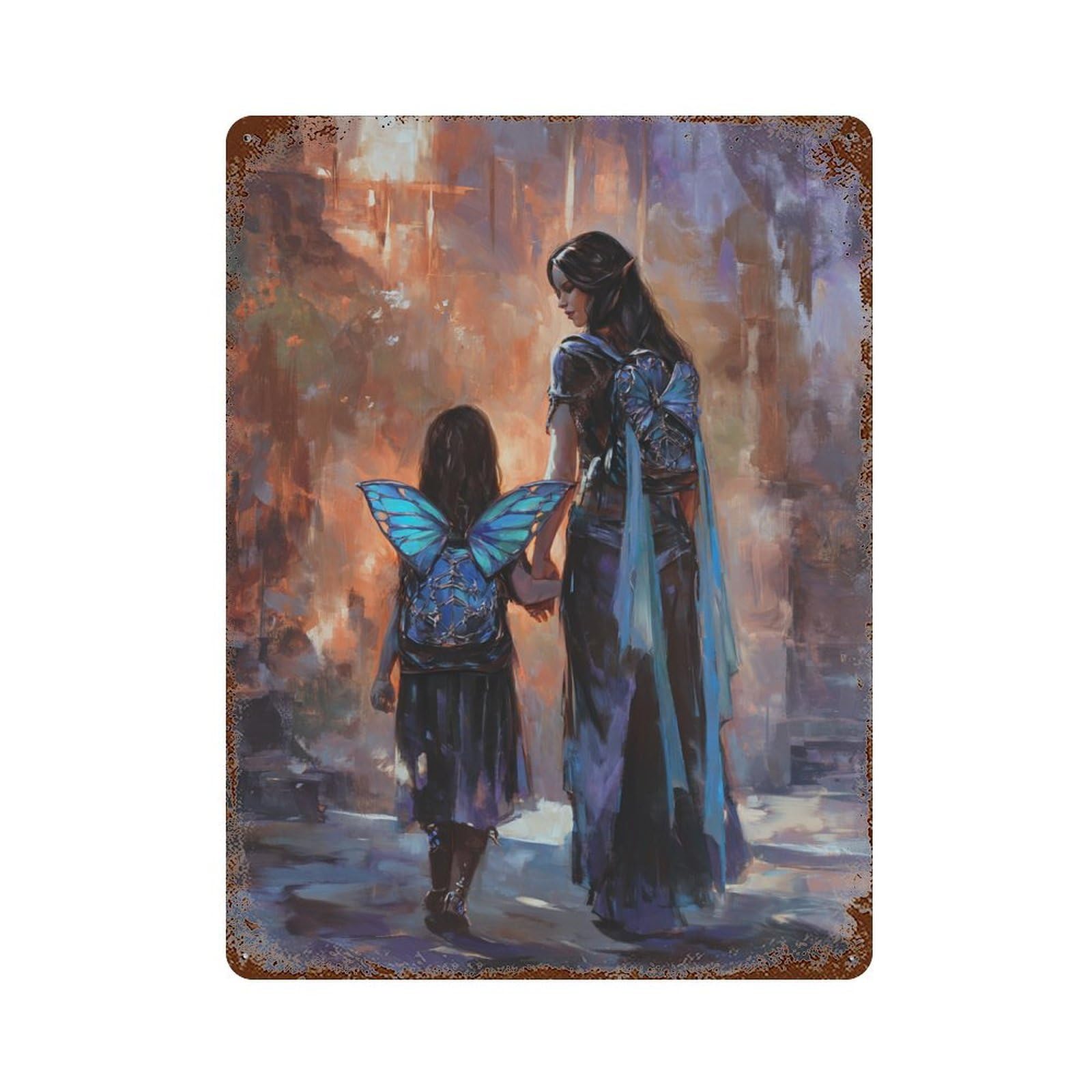 Fantasy Mother Daughter Artwork Vintage Rust Metal Sign 15.7"x11.8", Ideal for Cafe, Home Bar And Lounge Decor