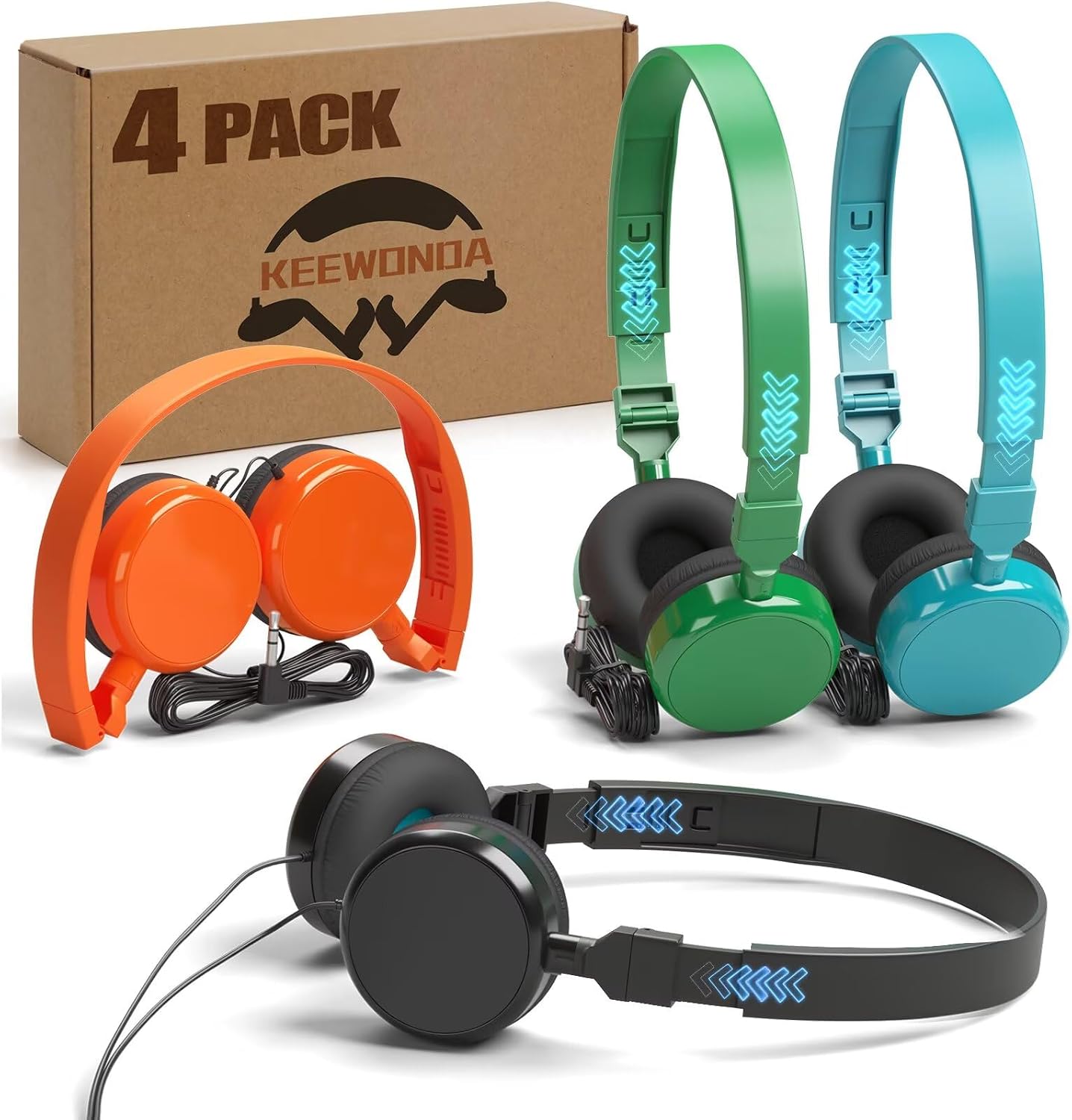 Keewonda 4 Pack Wired School Classroom Headphones Headsets for Students Teens and Adults Individually Bagged
