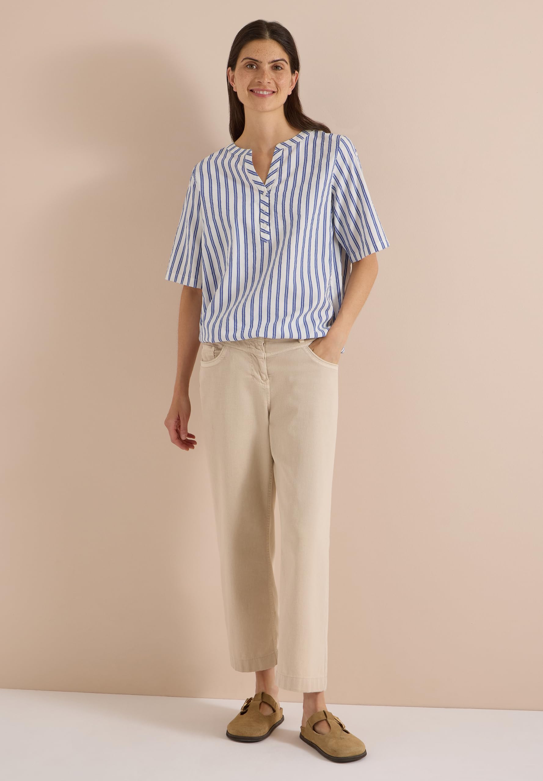 Cecil Halbarm Bluse mit Split Neck und Streifen