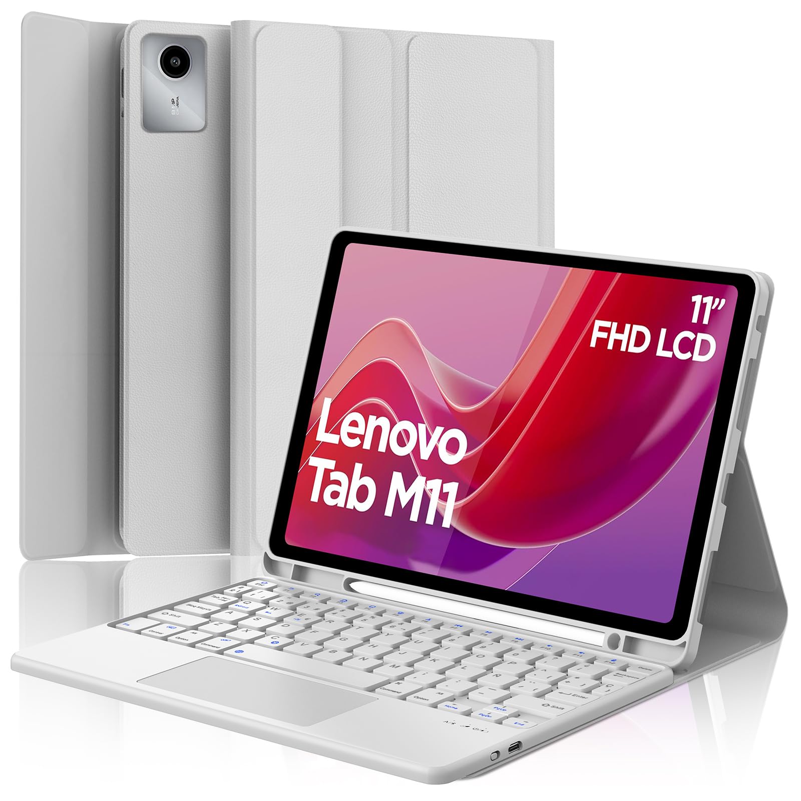 Funda con Teclado para Lenovo Tab M11 11 Pulgadas, Teclado Bluetooth Inalámbrico con Trackpad, Funda Protectora con Ranura para Bolígrafo para Tablet Lenovo Tab M11 2024 11 Pulgadas-Gris Claro