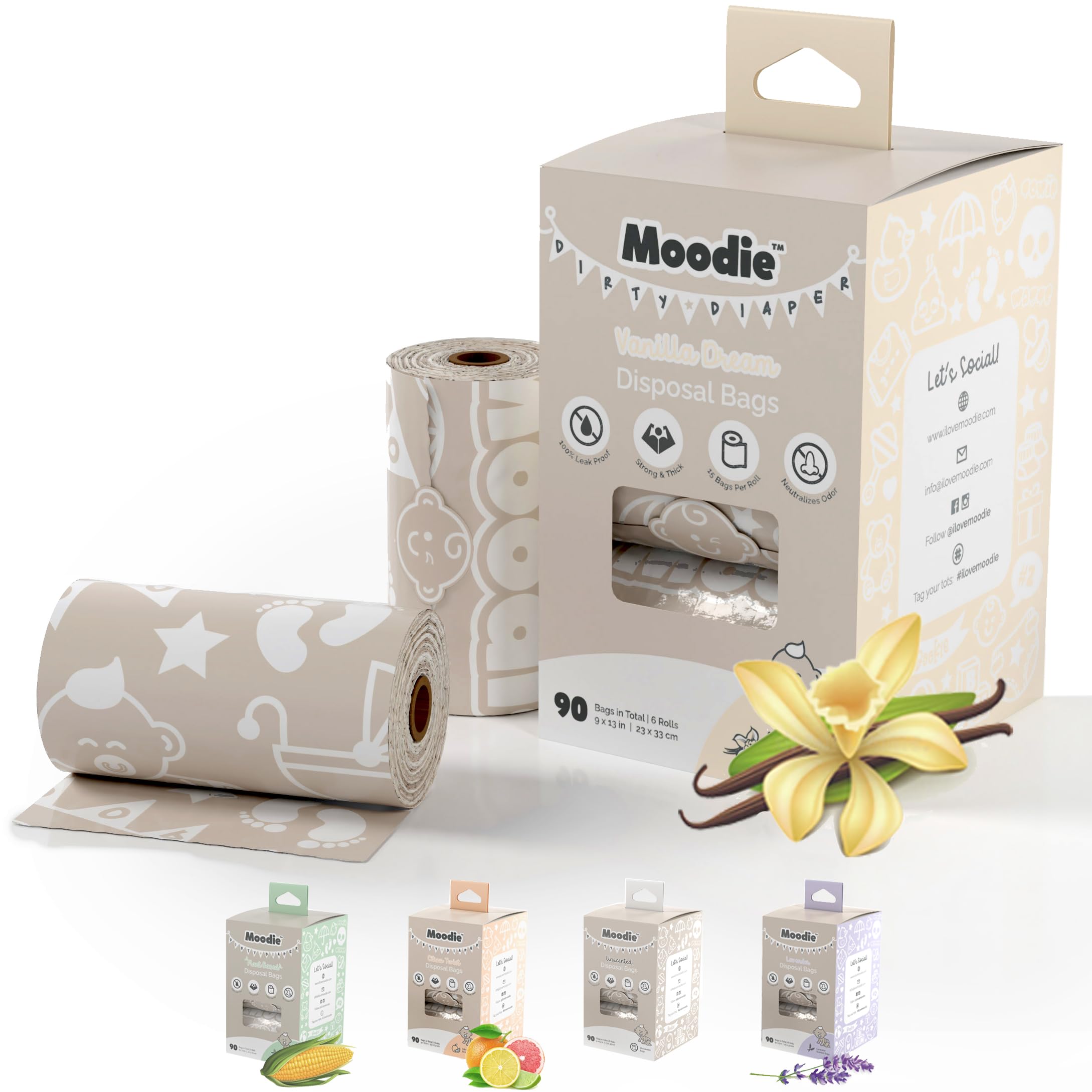 Nappy Disposal Bags (Total 90 Bags) Vanilla Scented Dirty Nappy Bags Disposable (6 Refill Rolls 9 x 13 Inch) Leakproof Nappy Trash Bags for Travel, Baby Waste Bags,