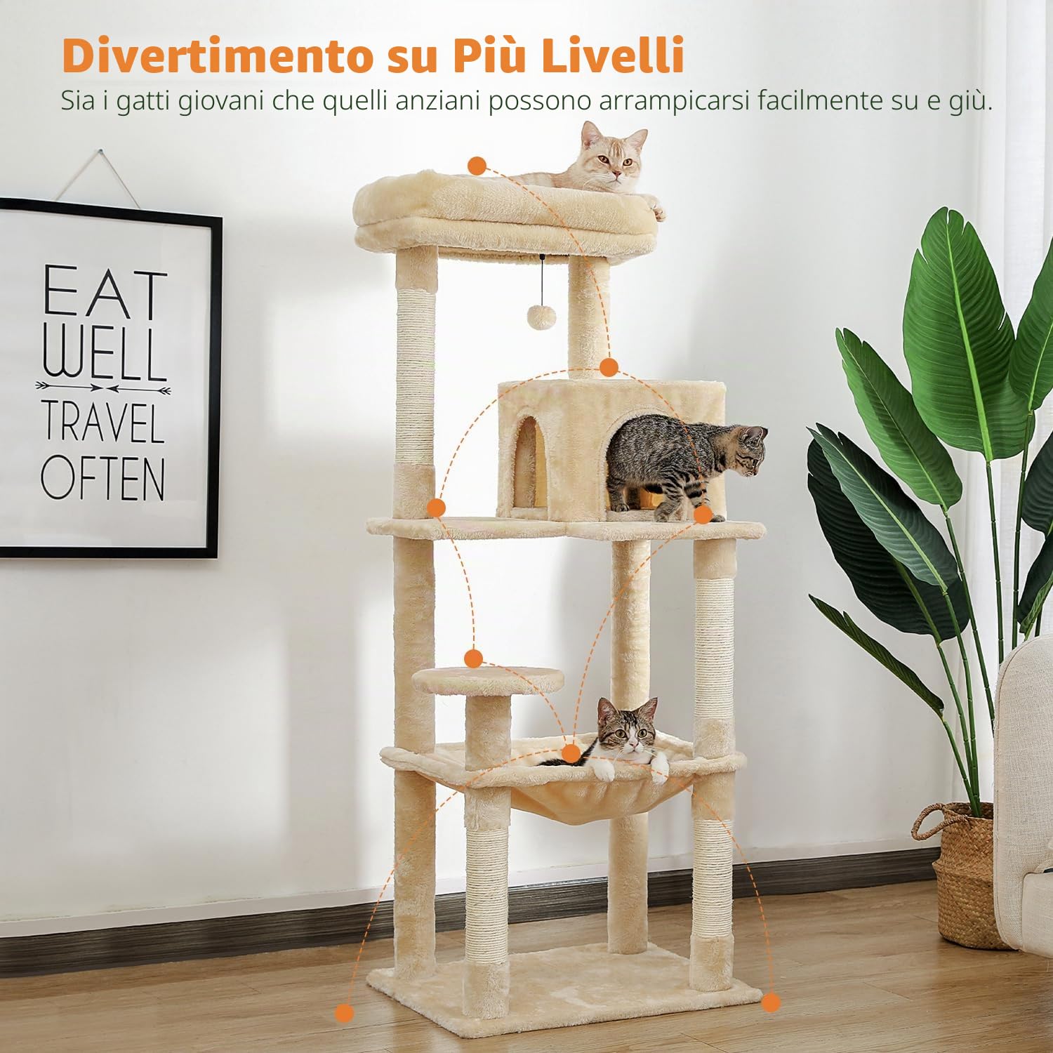 PAWZ Road Albero per gatti da 143 cm, con struttura in metallo, grande amaca per gatti da 143 cm, torre per gatti grandi con tiragraffi e posatoio superiore, centro attività multilivello da 1,4 m, con