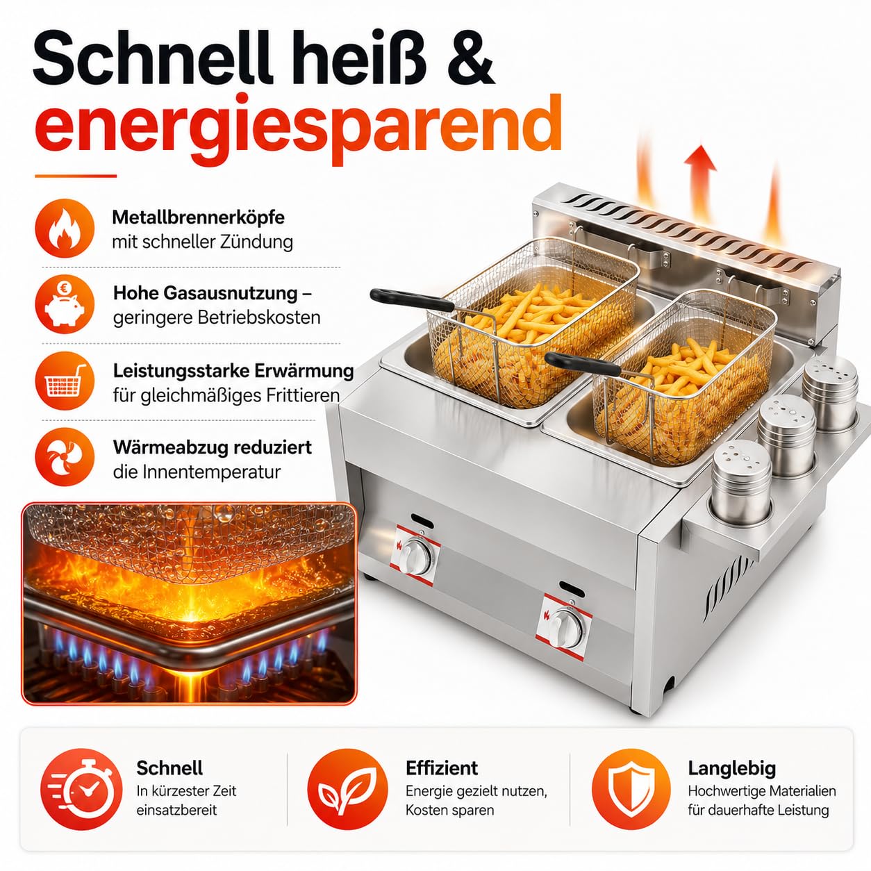 Gas Fritteuse, Doppeltank 2x6L, 50-380°C, Edelstahl, Gastronomie | 430 Edelstahl,genietet,LPG,Deckel,Körbe,Abtropfhaken,Gewürzbecher,Antirutschfüße,Wärmeabzug,Flammfenster,energiesparend