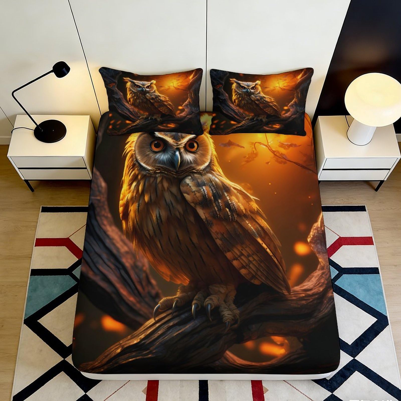 3D Printed Owl Forest Fitted Sheet Microfiber Soft Breathable Night Branch Bed Cover for Bedroom Guest Room Decor 90x200x25cm