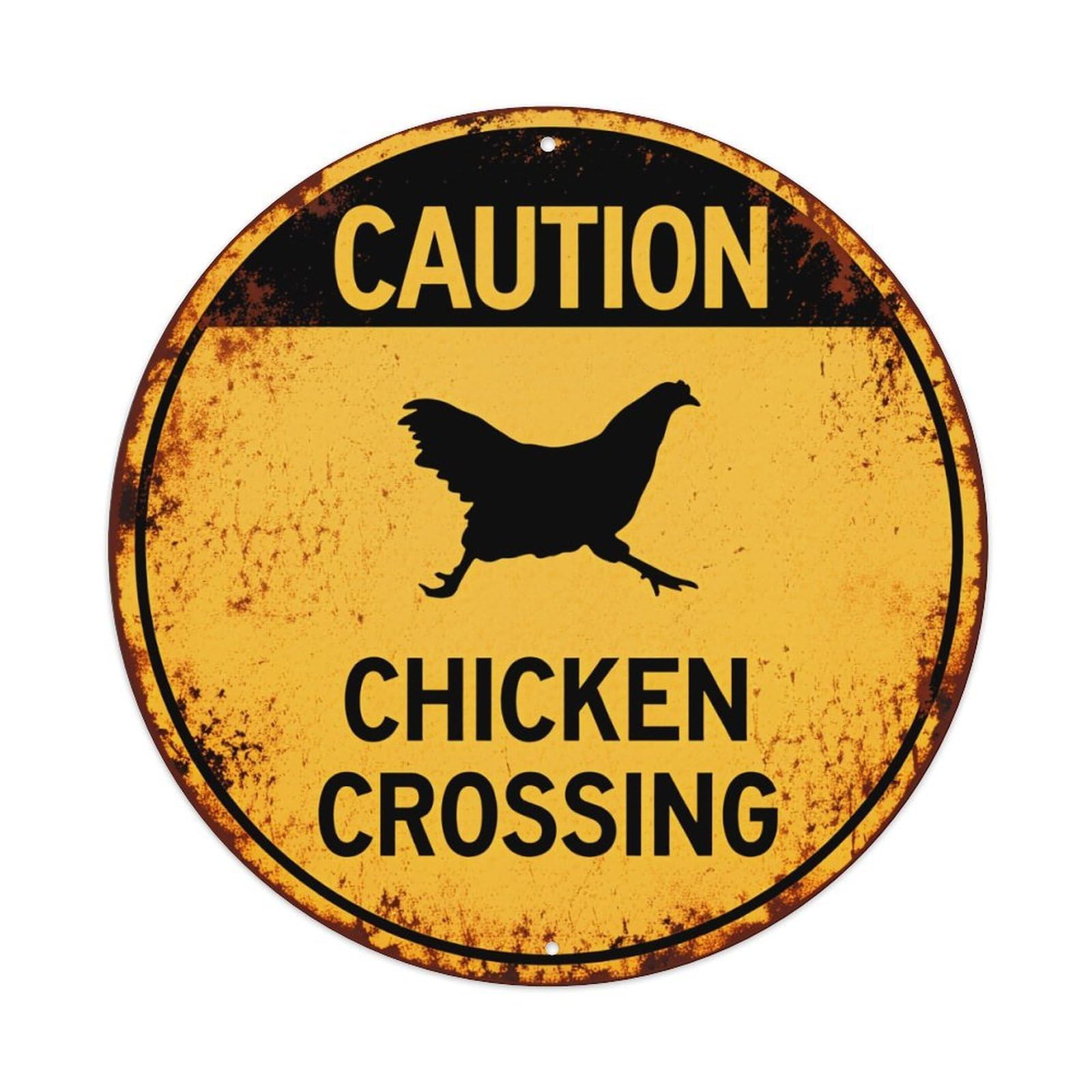 Caution Chicken Crossing Sign Pattern Round Tin Sign Vintage Metal Poster, Home Bar Garage Man Cave Cafe Indoor & Outdoor Wall Decoration 8x8Inches