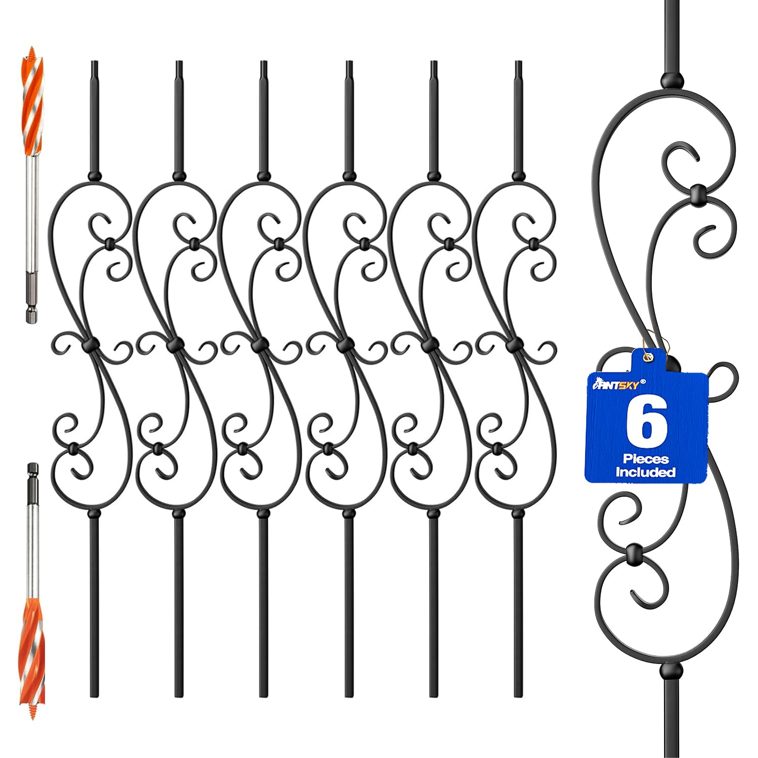 Wrought Iron Hollow Balusters - Deck Spindles Stair Railing Indoor,Stair Scroll Hollow Iron Baluster Stair spindles, for Staircase Interior, Includes 2 Drill Bits for Wood(6 Pack Black) 1/2" Scroll Black