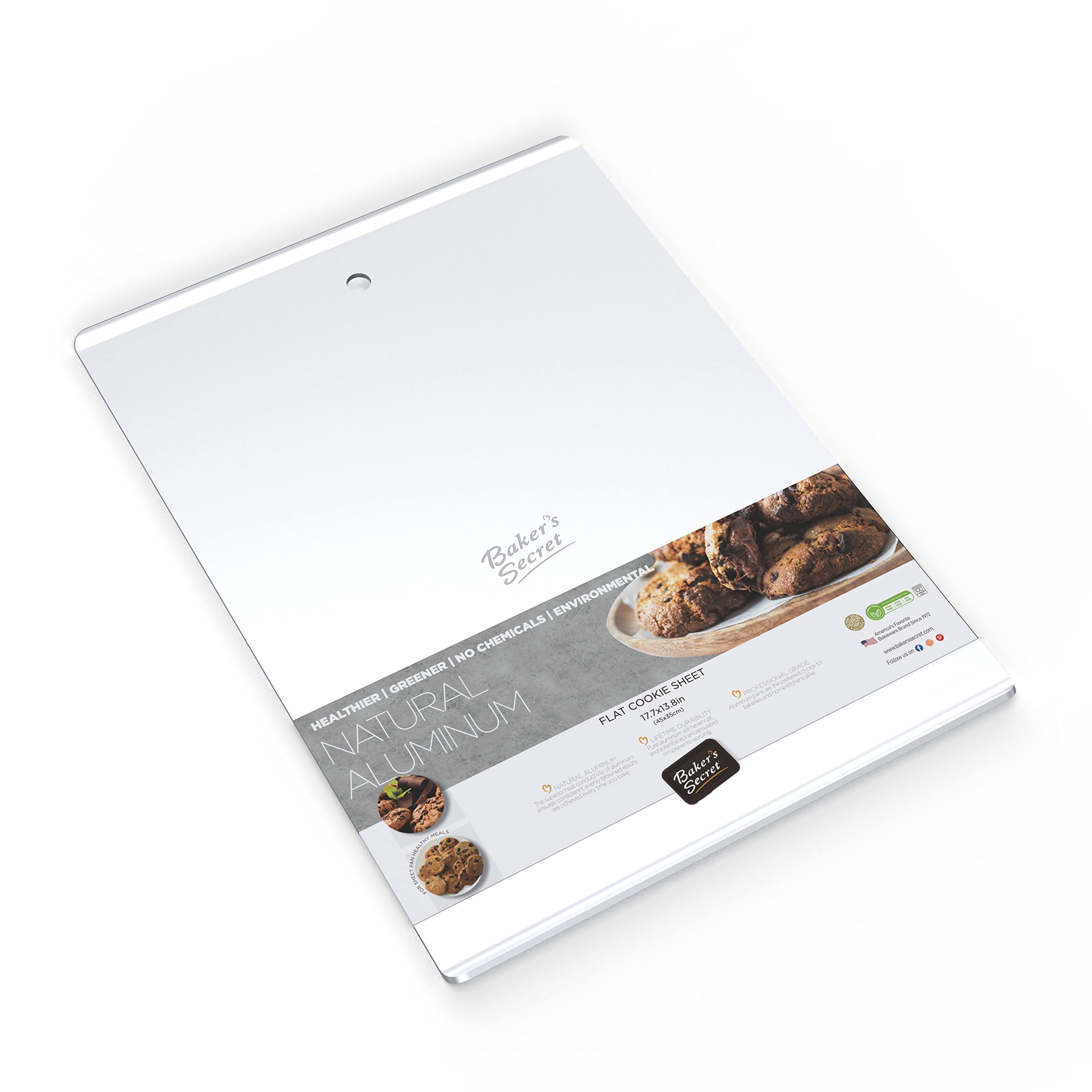 Baker's SecretPure Aluminum Large Flat Cookie Sheet 18" x 14" Aluminum Flat Baking Sheet Commercial Grade Extra Thick -2.7mm- Flat Cookie Sheet with hanging hole - Natural Aluminum Collection