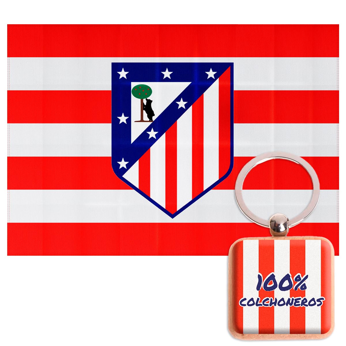 Bandera oficial del Atlético de Madrid + Llavero 100% colchonero | 120 x 90 cm - Rallas Rojas y blancas con escudo clásico en el centro.