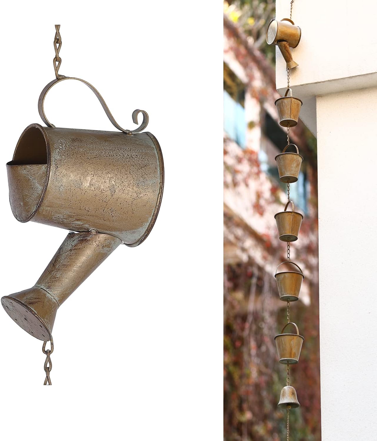 Jemeni 5 Ft Length Hanging Metal Rain Chime Decorative for Outdoor Garden, Watering Can & Buckets with Bell, Copper Patina…