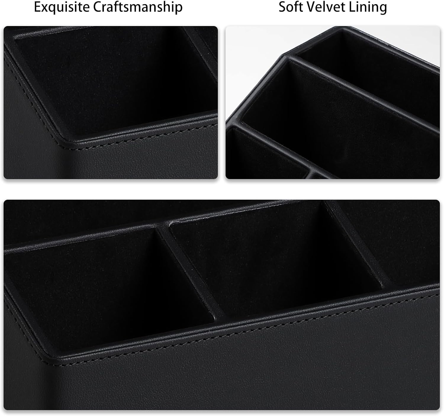 Remote Control Holder with 5 Compartments for Office Art Supplies, PU Leather Nightstand Organizer Pencil Pen Desk Caddy for Home, Desktop TV Remote Control Organizer Storage (Black)