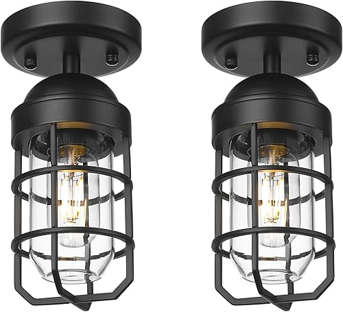 Miniatura 17 de Emliviar Lámpara de techo estilo granja, luz semiempotrada vintage para interior, luz de seguridad con vidrio templado transparente, acabado de