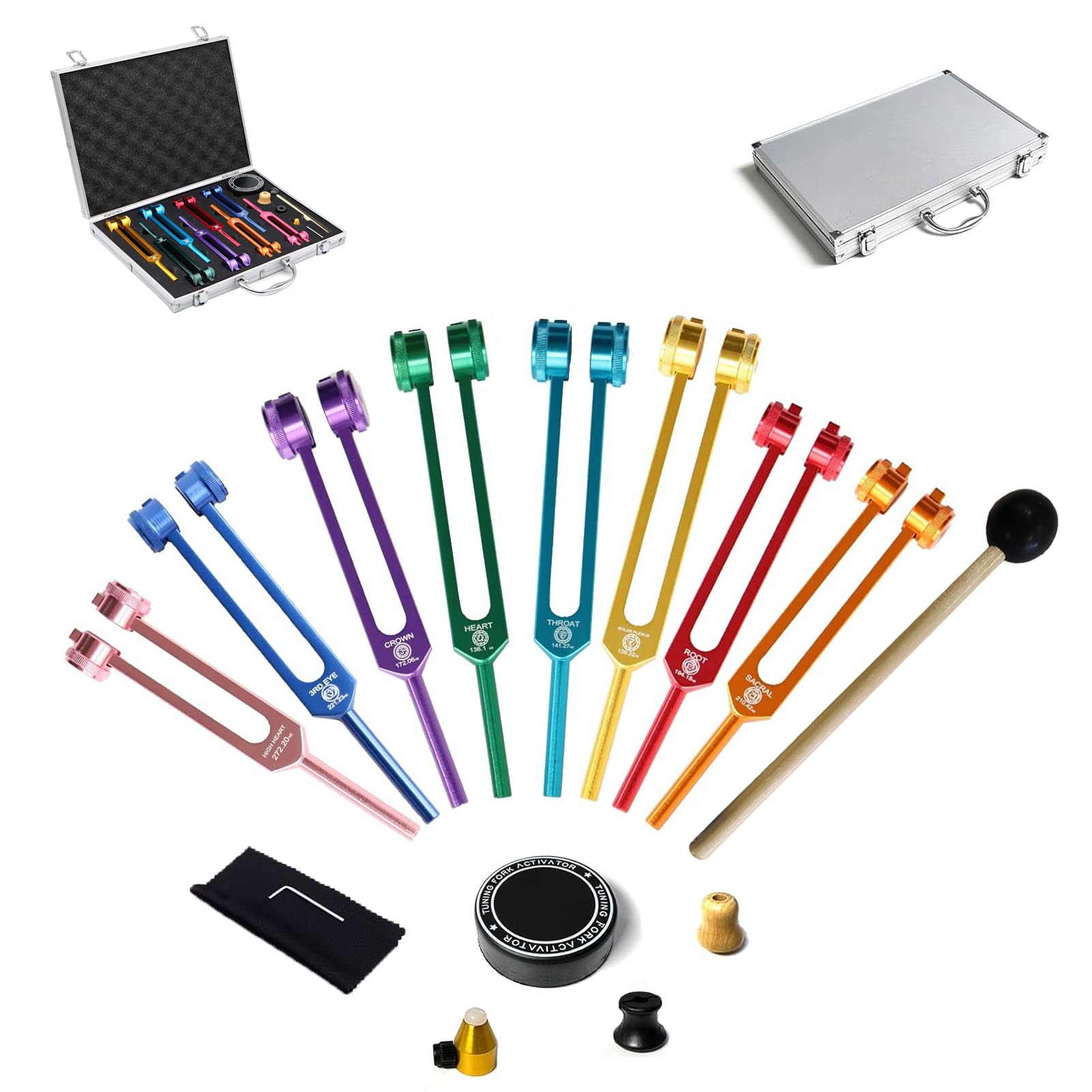Photo 1 of MIMIRACLE Chakra Tuning Fork Set - 1 Soul Purpose & 7 Chakra Weighted Solfeggio Forks with Activator, Mallet, Base, and Aluminum Box