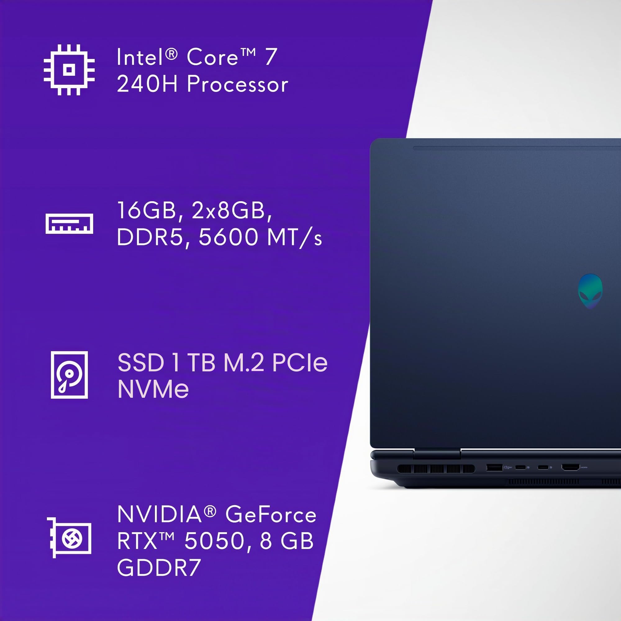 Alienware 16 Aurora Laptop da gioco AC16250-16" WQXGA 120 Hz, processore Intel Core 7-240H, RAM DDR5 16 GB, SSD da 1 TB, scheda grafica NVIDIA GeForce RTX 5050 8 GB, Windows 11 Home