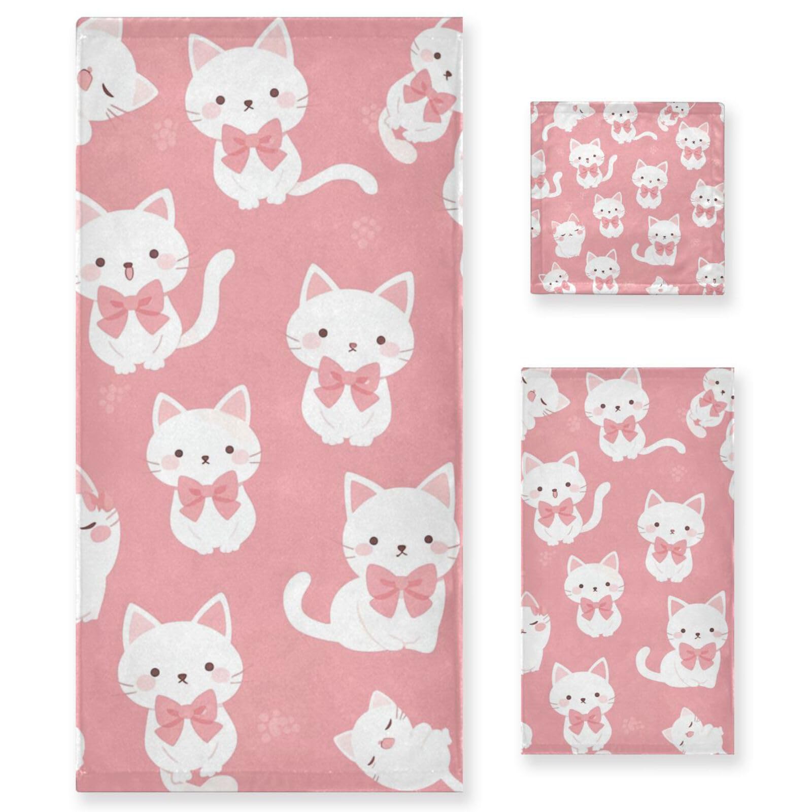 Set di 3 asciugamani per il viso con gatti bianchi carini rosa dalla testa ai piedi, 1 asciugamano da bagno, 1 asciugamano per le mani, 1 panno per il bagno e la cucina