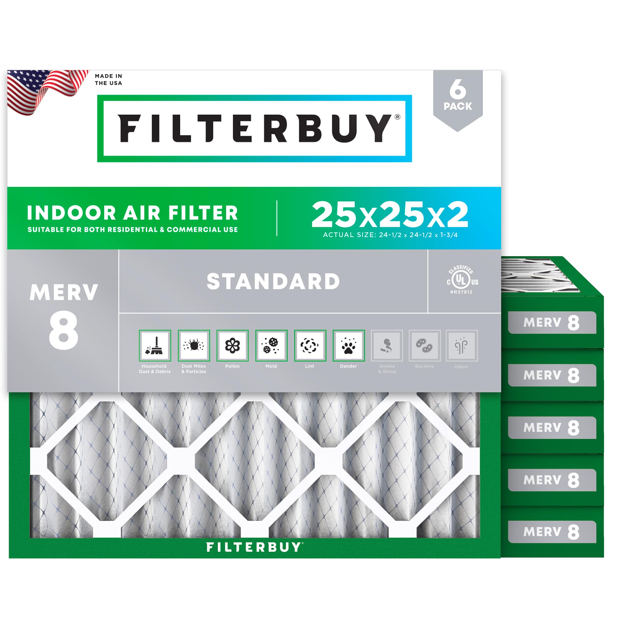 Filterbuy 25x25x2 Air Filter MERV 8 Dust Defense (6-Pack), Pleated HVAC AC Furnace Air Filters Replacement (Actual Size: 24.75 x 24.75 x 1.75 Inches)