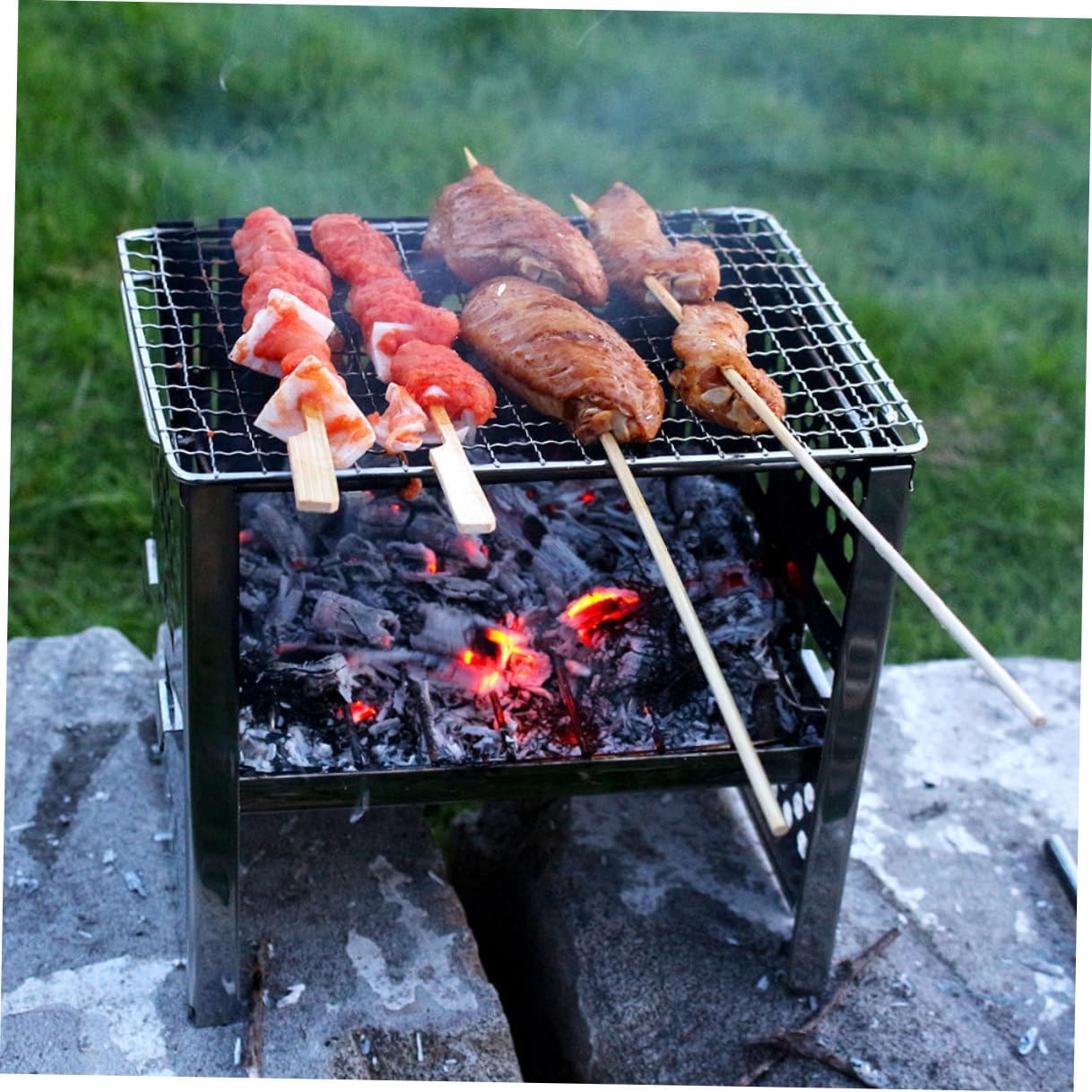 Lurrose Stainless Steel Folding Barbecue Grill Adjustable Height Portable Bbq Stove for Camping Outdoor Picnic Double-layer Grid