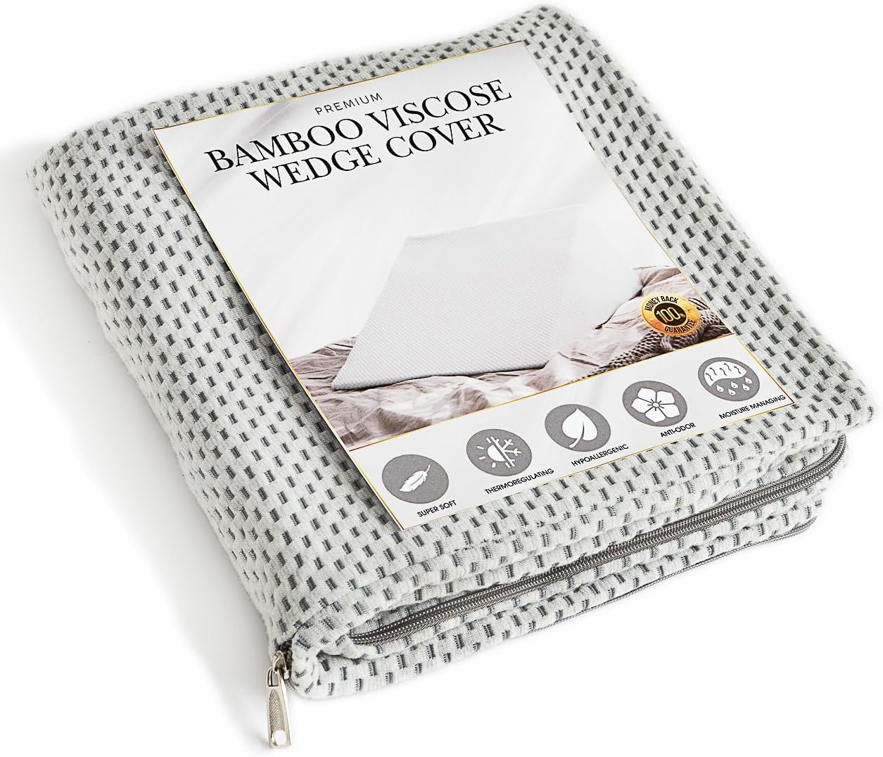 Bamboo Viscose Top Layer Wedge Pillow Case Cover 24" W x 24" L x 10" H, Moisture-Wicking, Cooling and Breathable Wedge Pillow Cover with Zipper