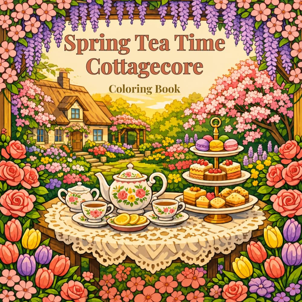 Spring Tea Time Cottagecore Coloring Book: 50 Cozy Vintage Tea Scenes with Cottage Gardens & Slow Living Moments for Stress Relief.