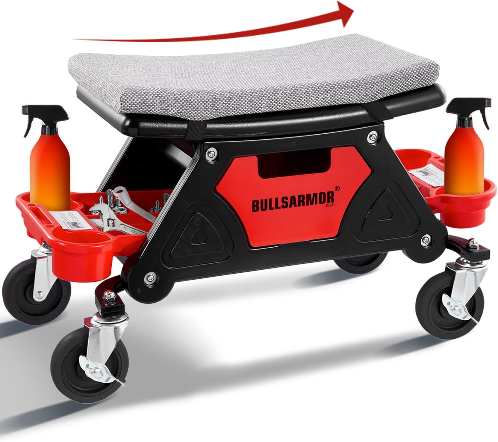 BullsArmorローリングメカニックシート300ポンド容量クリーパースツール4インチホイールロック付きヘビーデューティーガレージチェア3つのスライドアウトツールトレイ引き出し付き自動車修理ディテールカーラップオートバイワークショップDIY