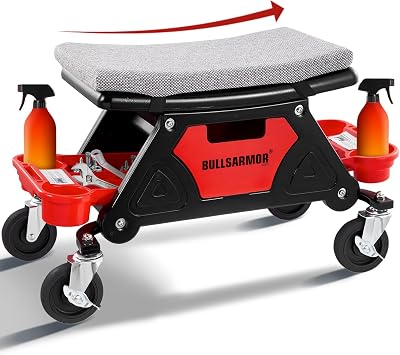 BullsArmor Rolling Mechanic Seat 300 LBS Capacity Creeper Stool with 4 Wheels Locks Heavy Duty Garage Chair with 3 Slide Out Tool Trays Drawer, Auto Repair Detailing Car Wrap Motorcycle Workshop DIY
