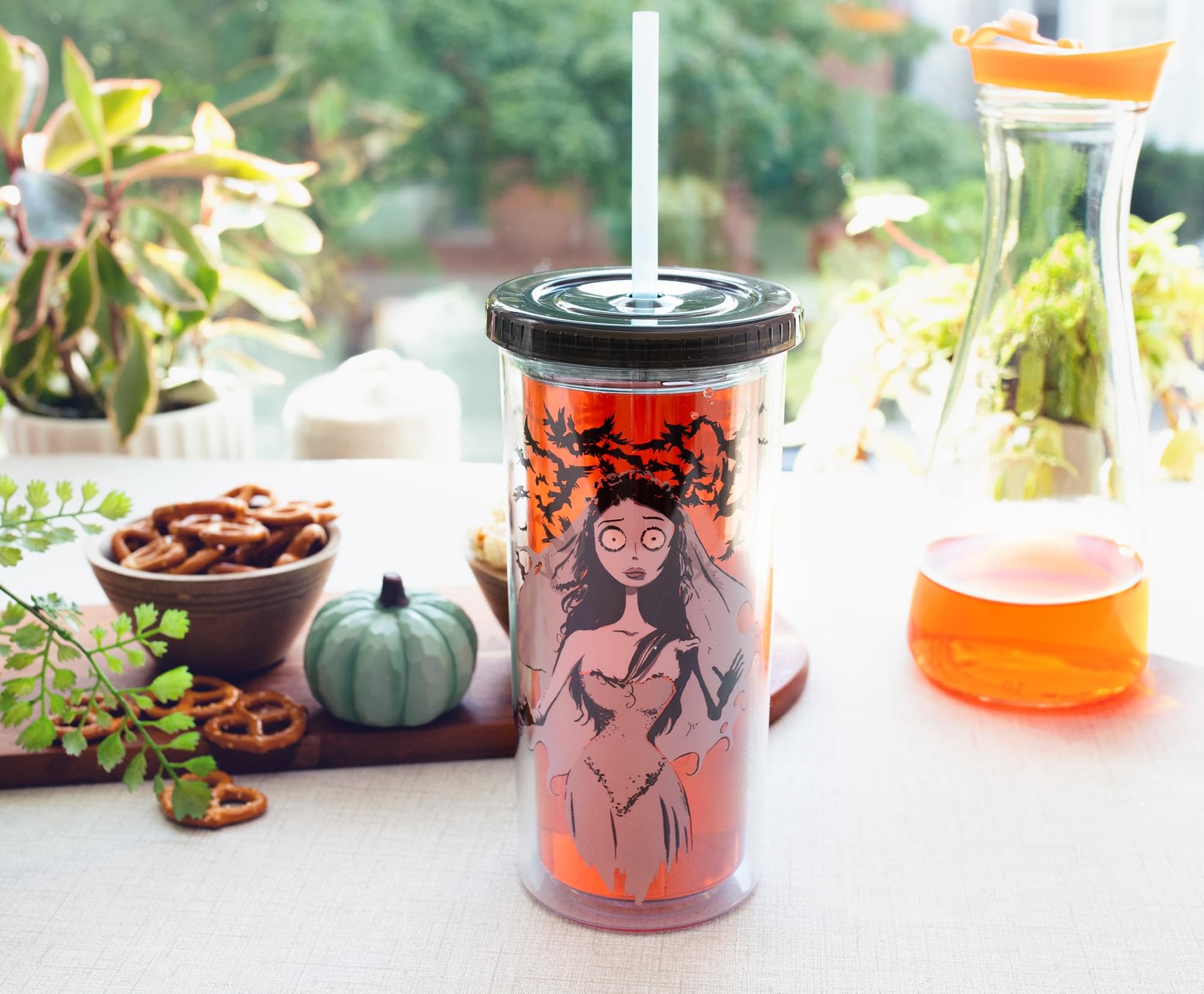 Silver Buffalo Tim Burton's Corpse Bride Emily Plastic Carnival Cup With Spill-Resistant Lid and Reusable Straw | Double-Walled Travel Tumbler For Drinks | Holds 20 Ounces