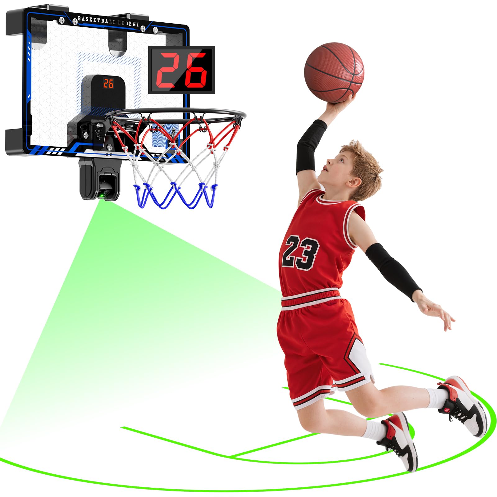 Hot Bee Basketballkorb Kinder Indoor mit Projektion Bewertung, Mini Basketballkorb fürs Zimmer, Basketball Geschenke 8 9 10 11 12 13 Jahre Junge