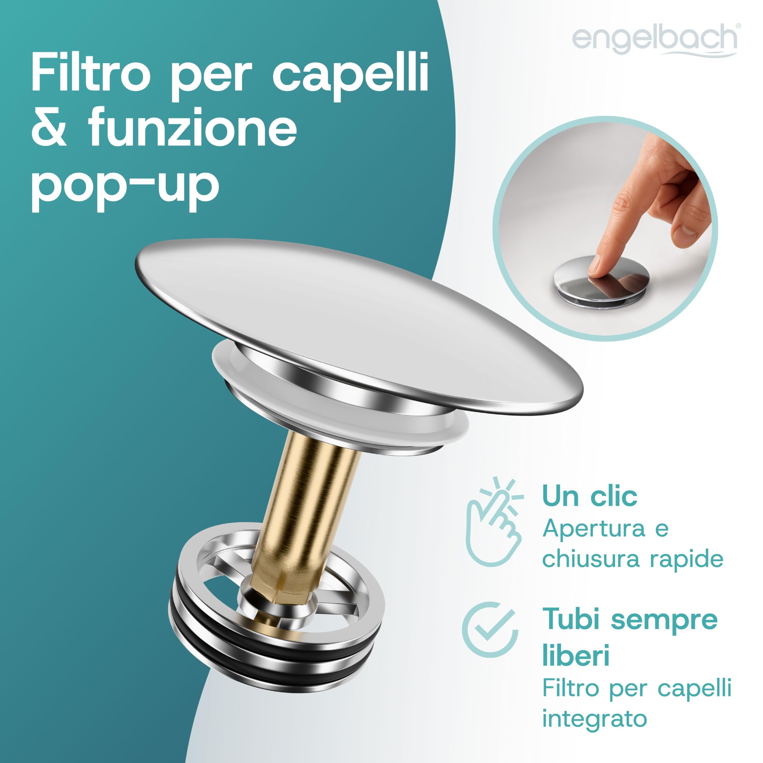 Engelbach® Piletta lavabo con troppopieno – Scarico Click Clack con 3 guarnizioni – Valvola di scarico universale per lavabi da bagno