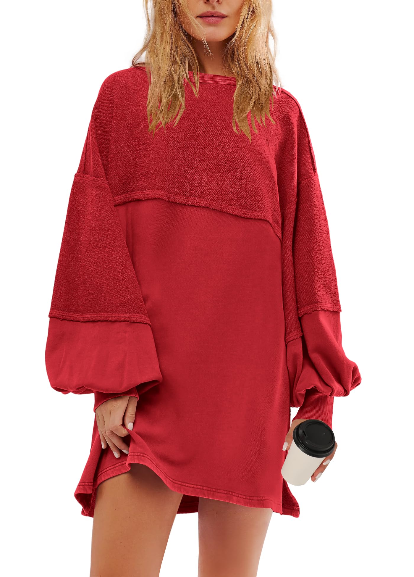 Panadila Womens Oversized Long Sleeve Patchwork Sweatshirt Dress Crewneck Tunic Sweatshirts Fall Loose Pullover Top