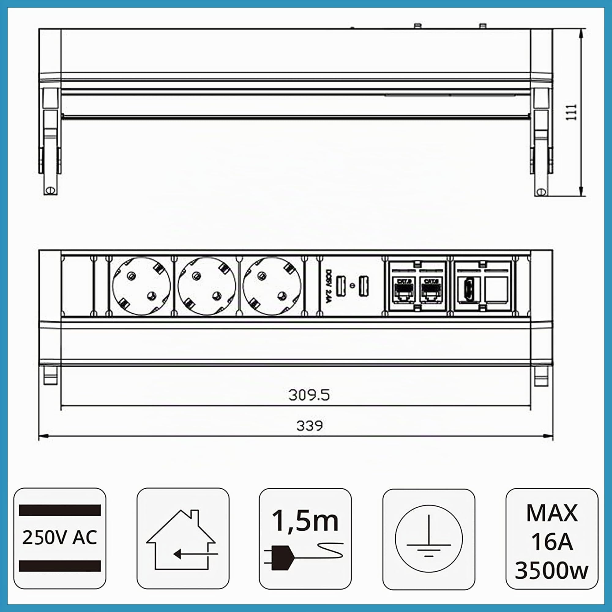 Multipresa ciabatta elettrica con 3 Prese Schuko, 2 RJ45, HDMI, presa multipla ciabatta con USB, multipresa ciabatta con protezione,Fissaggio con supporto, Multipresa per ufficio,scrivania