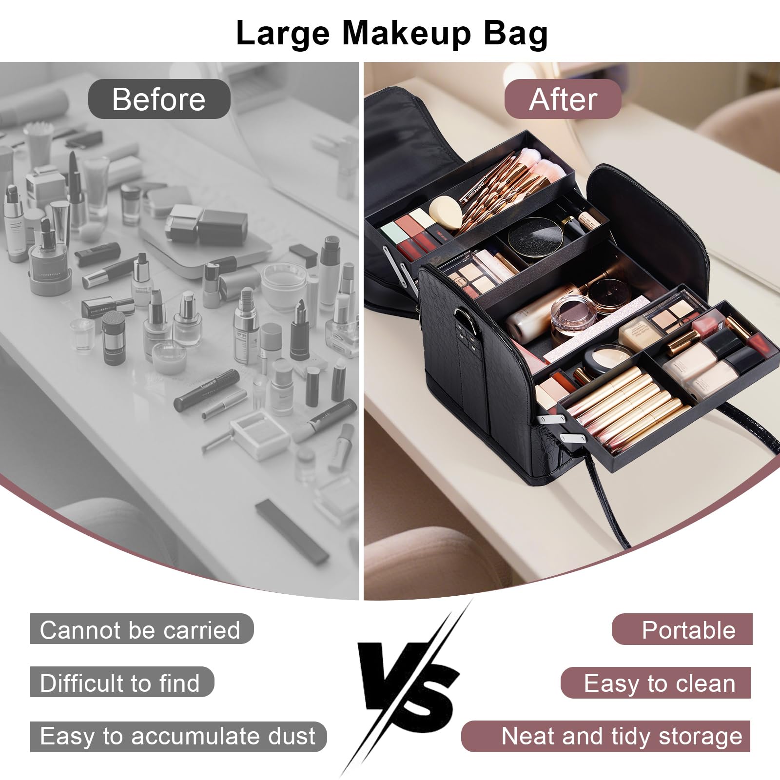 Joligrace Beauty case da viaggio per cosmetici, beauty box, nail art, parrucchiere, organizer con tracolla, Grande nero., moderno