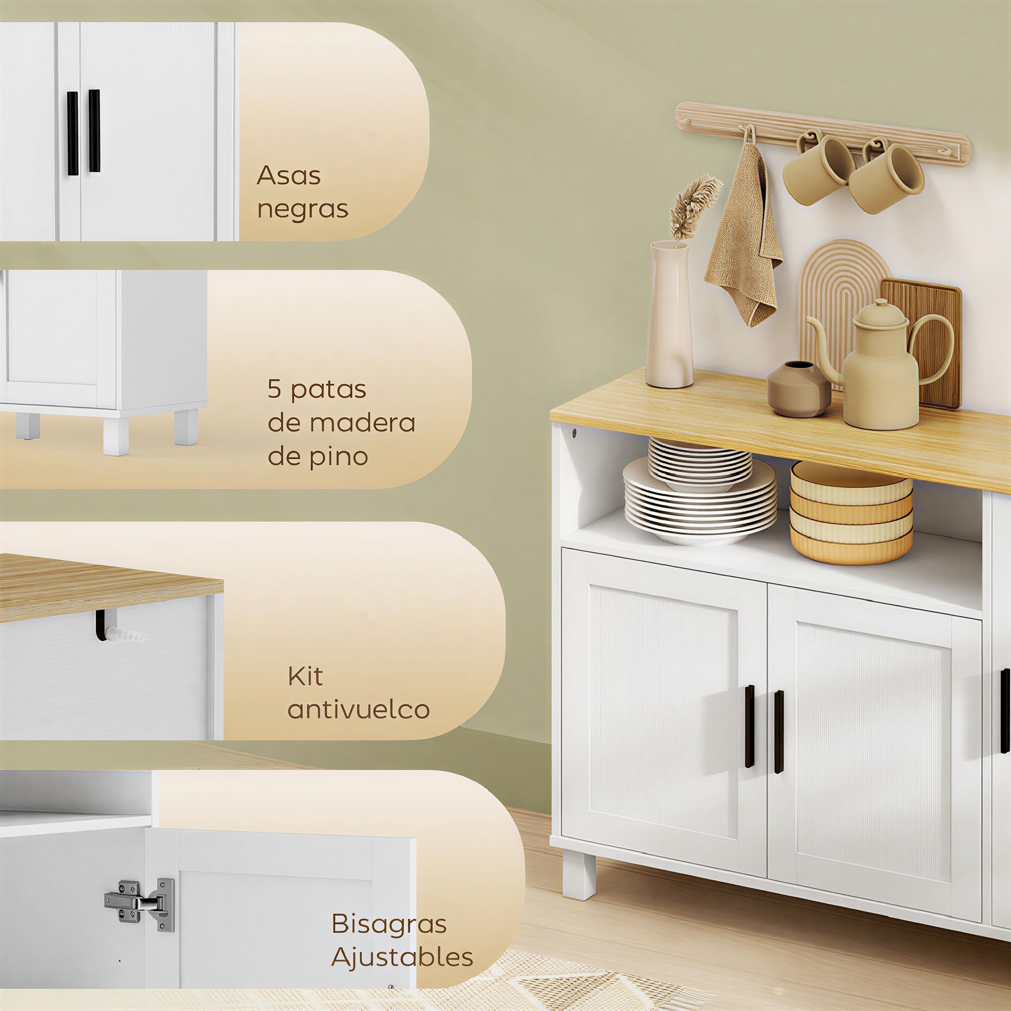 HOMCOM Aparador de 3 Puertas de Cierre Suave, Aparador de Salón con Estantes Ajustables, Compartimento Abierto, Patas de Madera, para Cocina, Entrada, Dormitorio, Blanco, 110x33x75 cm