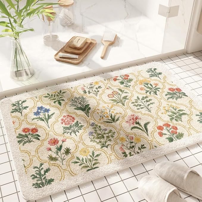 Spring Floral Bathroom Rug 32" x 20" Wild Flowers Bathroom Mat Boho Floral Bath Rug (Rectangular, Yellow)