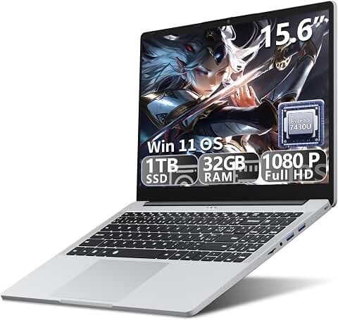Ordinateur Portable 15,6 Pouces PC Portable Win 11 Ryzen 5 7430U (4.3GHz) Processeur Graphique Radeon, 32 Go RAM SSD 1 To, Laptop Clavier Rétroéclairé USB 3.2 Type-C WiFi 6 Ordinateur Portable