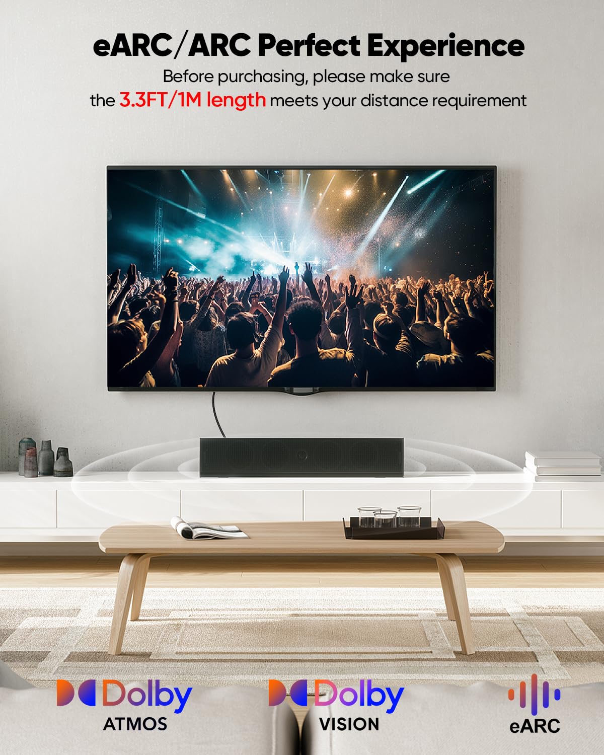 8K HDMI ARC/eARC Cable for Soundbar to TV 3.3FT, eARC HDMI Cable 2.1 48Gbps Ultra High Speed HDMI Cord Dolby Atmos 8K@60Hz, 4K@120Hz HDR 3D HDCP2.3&2.3 for Vizio Sono Samsung Bose Sound bar 1 3.3FT image 3 of 8 B0CXJ573ZB