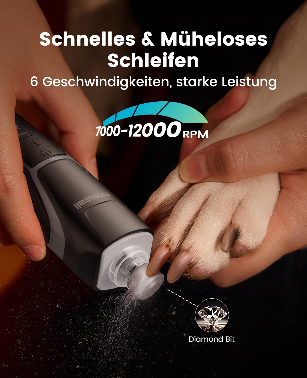 oneisall Hunde Krallenschneider mit 360° LED-Licht, Krallenschleifer für Hunde groß und klein 6 Geschwindigkeiten bis 12000rpm, leiser 40dB krallenschneider für Hunde 3 STU. Akkulaufzeit