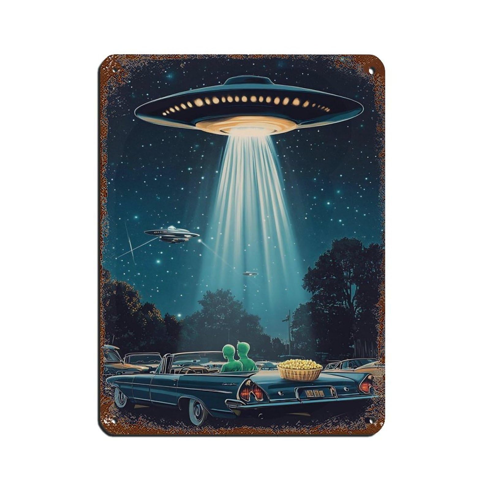 Retro UFO Drive-In Movie Art Tin Sign Vintage Metal Pub Club Cafe Bar Home Wall Art Decoration Poster Retro 12x16inch(30x40cm)