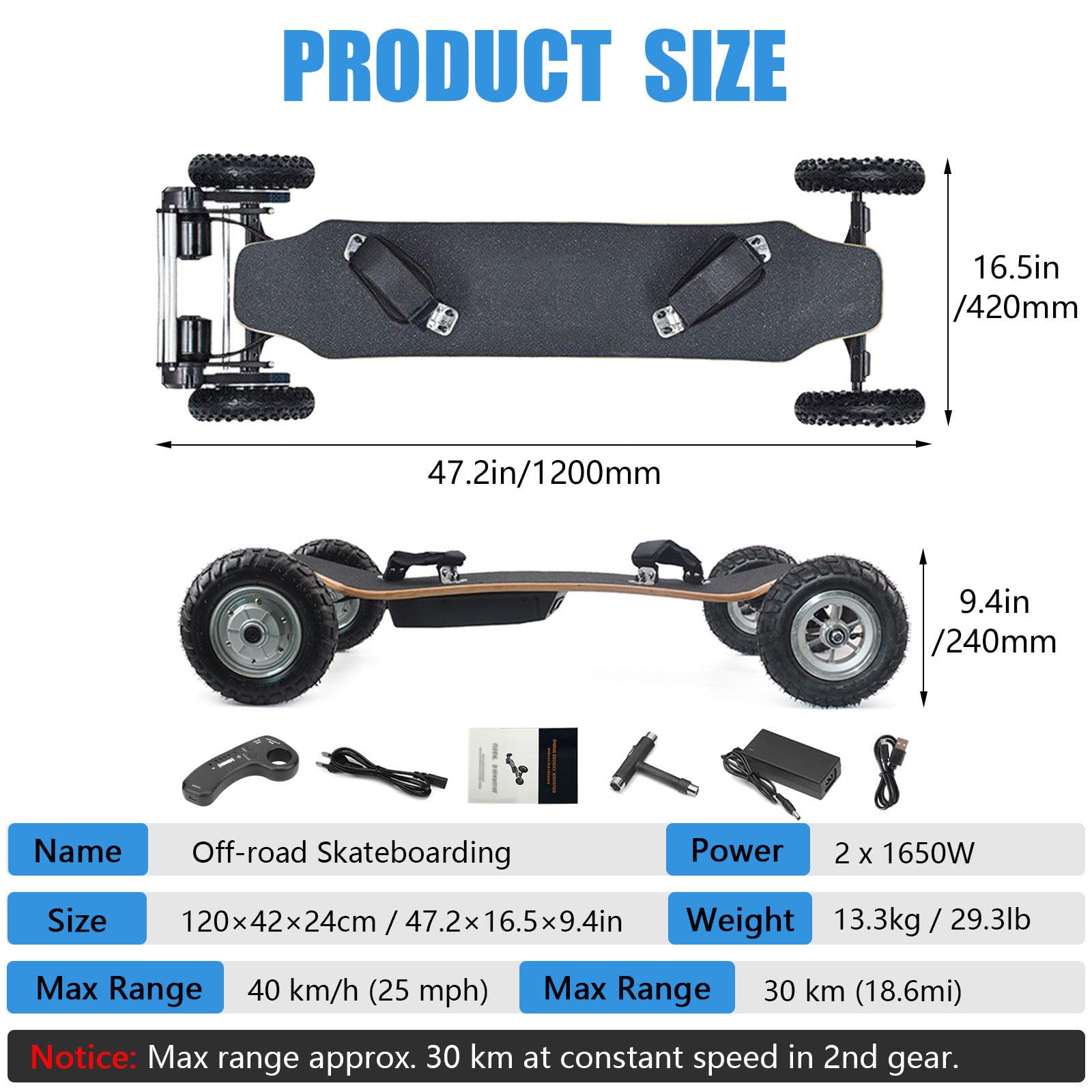 Skateboard électrique Tout Terrain Robuste, Vitesse 40 km/h, Frein sécurisé, Max 30 km Range at Steady 2nd Gear Speed, Polyvalent pour Tous Les Niveaux et déplacements Square-Corners
