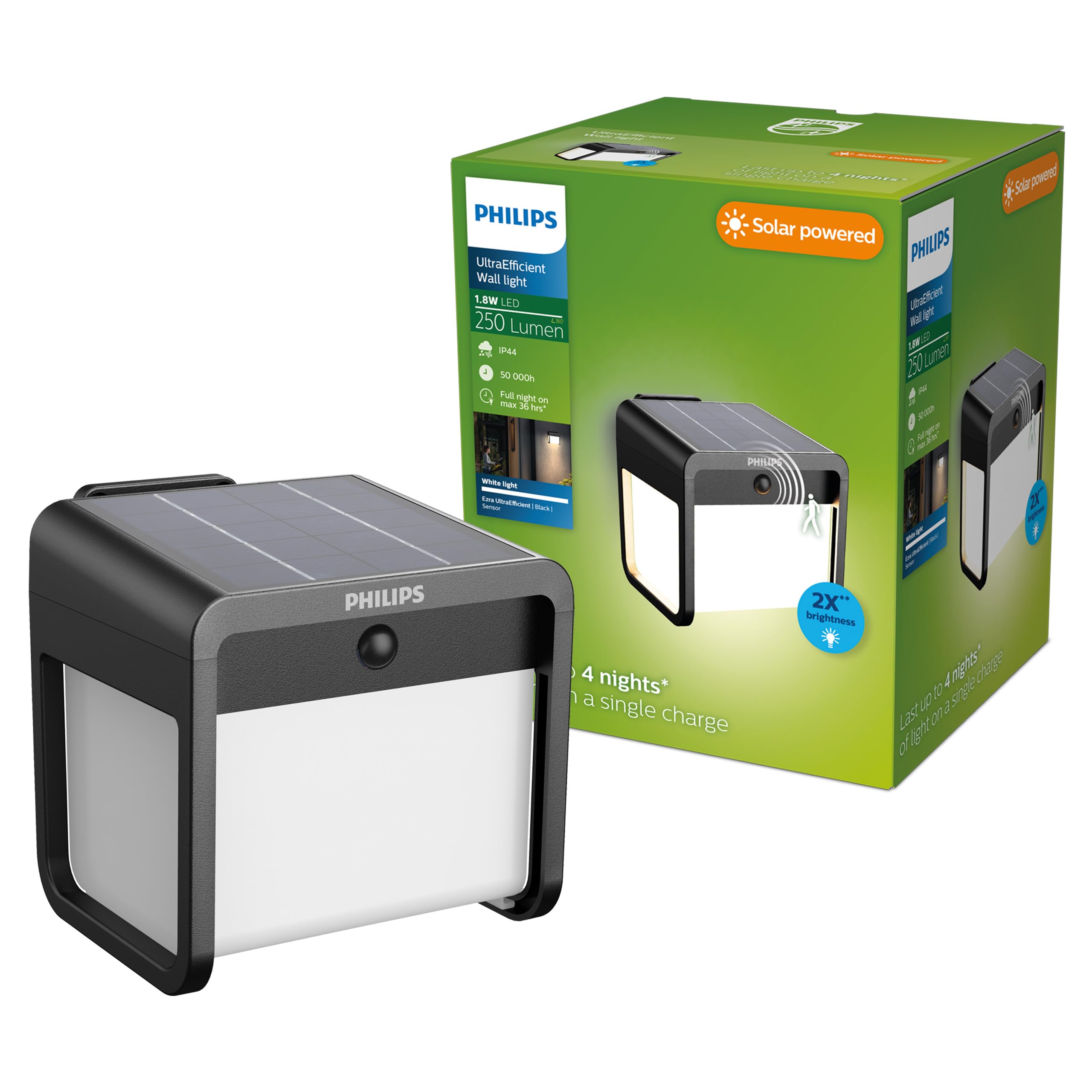 PHILIPS Ezra Luz de pared exterior solar con sensor de movimiento UltraEficiente, 3000K, 250/25lm, Negro