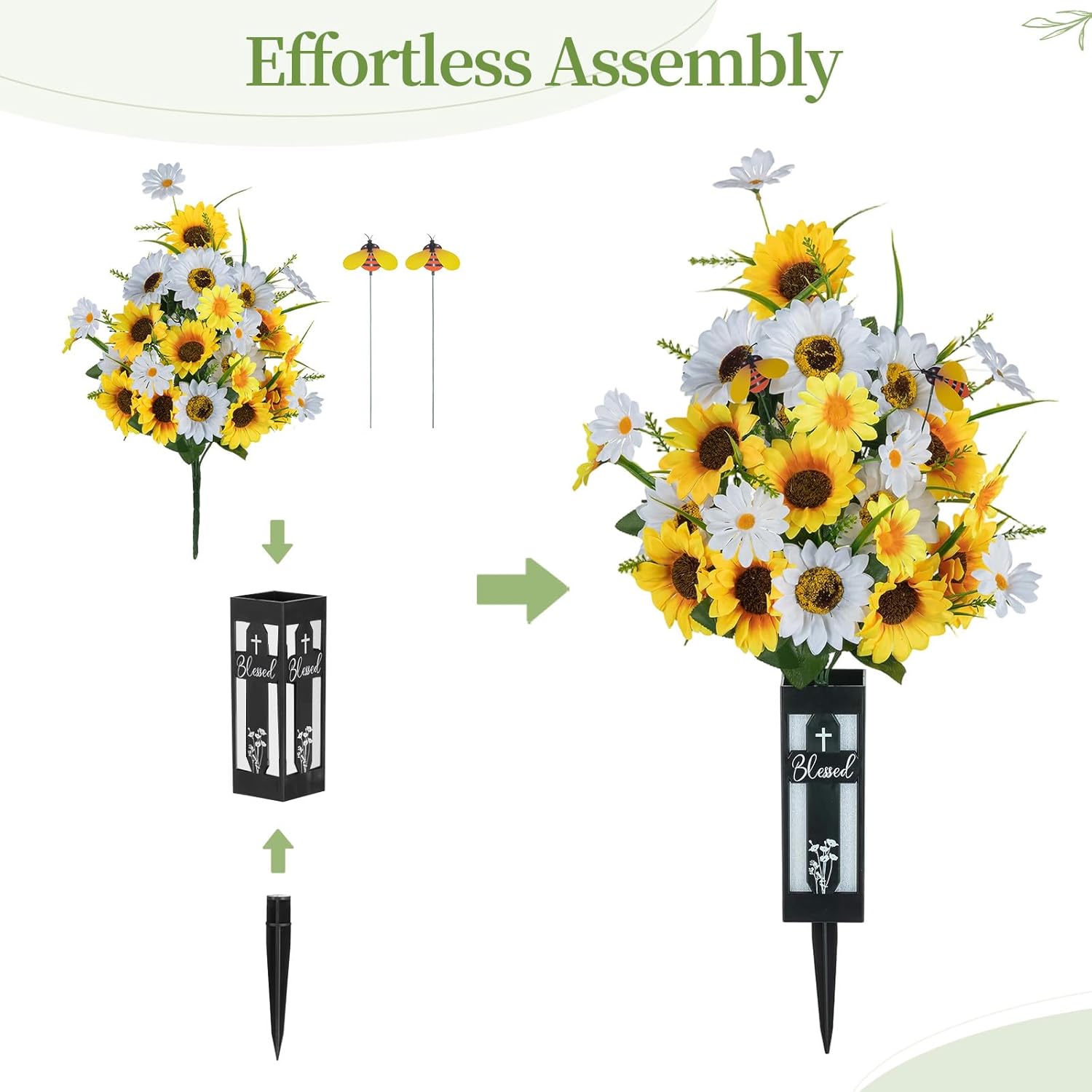 Artificial Cemetery Flowers for Grave: 2 Pcs Yellow White Sunflower Grave Flower Bouquets for Cemetery Decorations - Spring Outdoor Gravesite Flowers with Vase