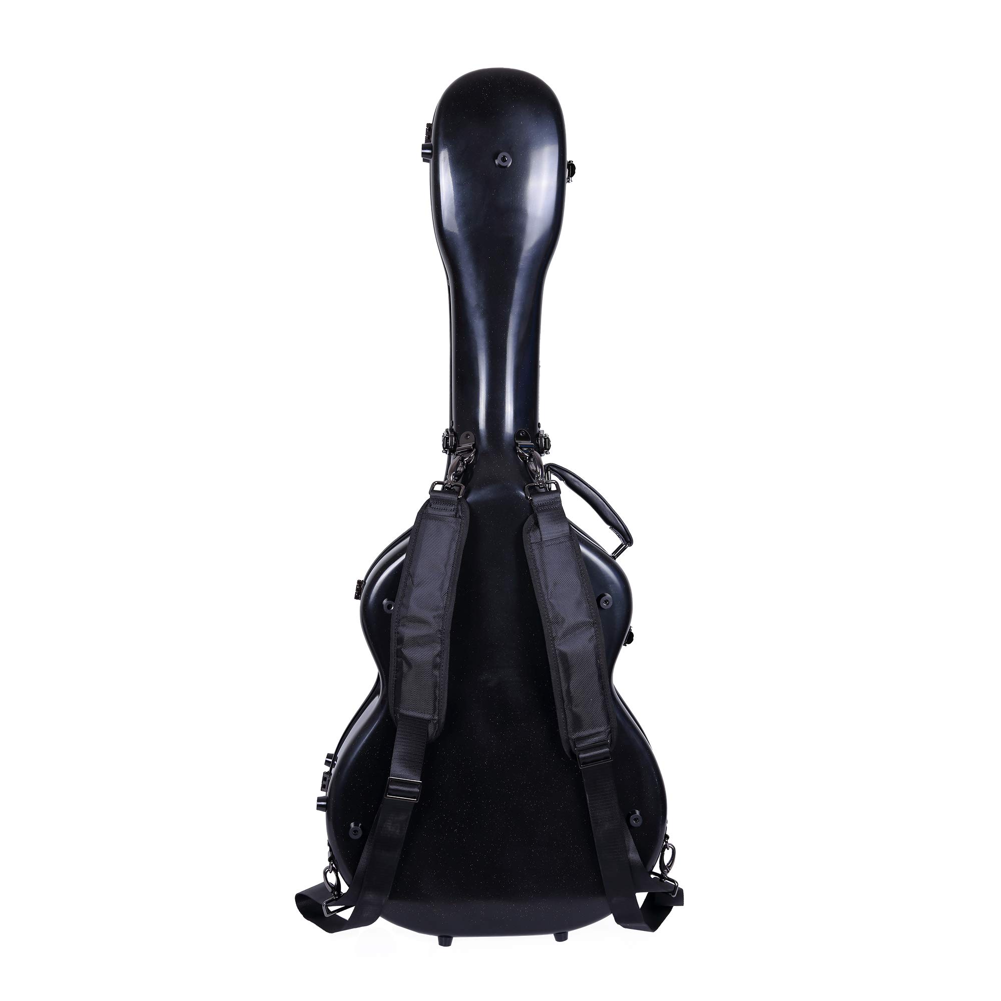 Crossrock Deluxe futerał na gitarę z włókna szklanego do stylu OM/Martin 000, błyszczące czarne wykończenie, zatrzask TSA, aksamitne wnętrze - twarda obudowa premium na scenę i podróż, czarne