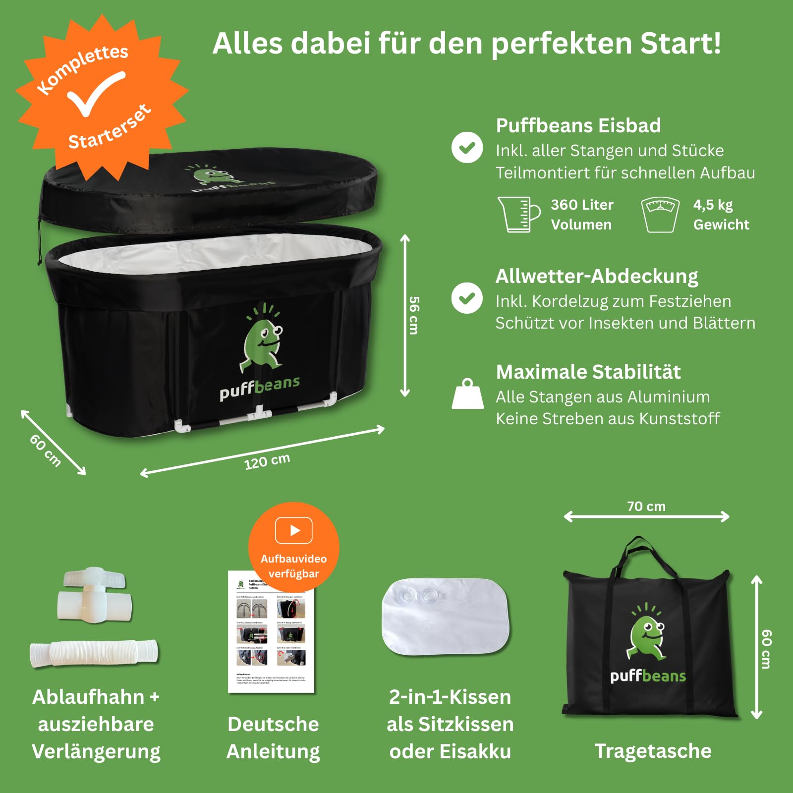 Premium Eisbad oval 120 cm – Faltbare Badewanne & Mobile Eistonne | Kältebad zur Regeneration, Erfrischung für den Sommer, Badewanne für innen & außen, 5x Isolation, Alu-Rahmen, Werkzeuglos
