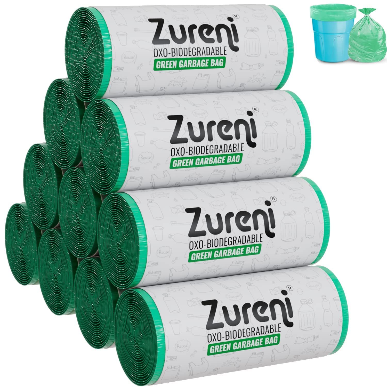 Zureni Garbage Dustbin Bags (Small, 43 x 48 cm or 17" x 19") Drawstring Anti-drip Trash Waste Basket Bag for Kitchen Office Warehouse Pantry (Green, 10 x 30 Pcs/Roll)
