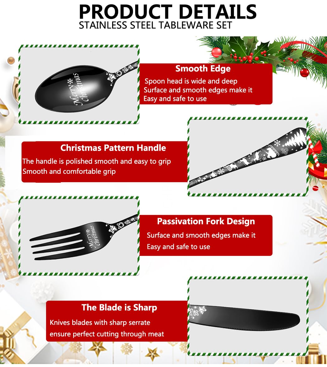 XIAOYU Weihnachtsbesteckset, 30-teilig, bestehend aus 12 x Gabeln, 12 x Löffeln, 6 x Messern, Edelstahl-Besteckset, einzigartiges dekoratives Besteckset mit Weihnachtsbaummuster, Roségold