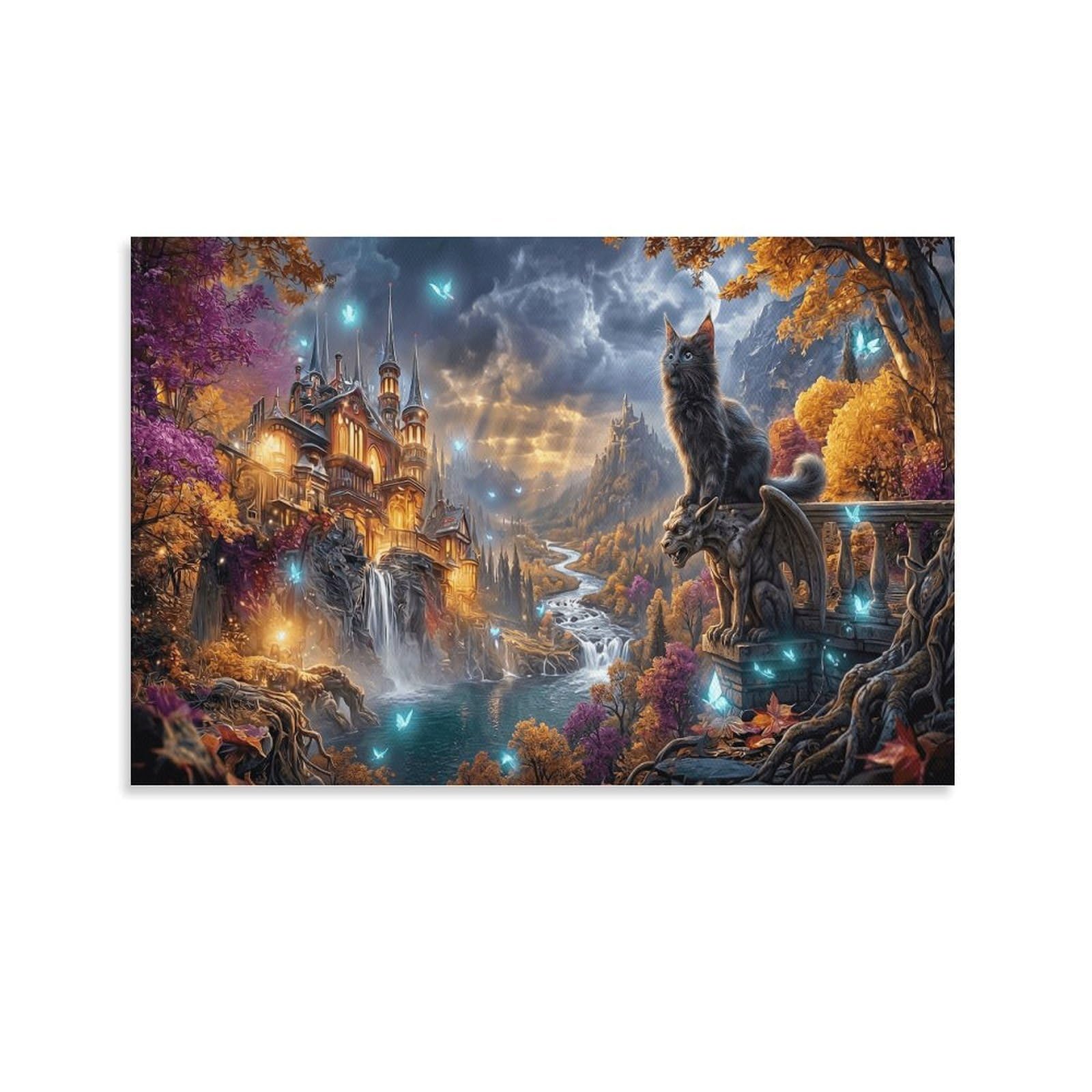 XPASHIQWC Black Cat Wall Decor Poster Autumn Forest Castle Giclee Canvas Prints Modern Canvas Wall Art Picture Wall Hanging for Office Gym Living Room Decor 24x36inch(60x90cm)